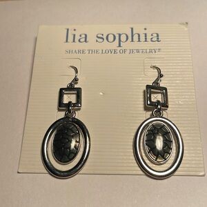 Liz Sophia Silver Tone with Black Oval Dangle Earrings